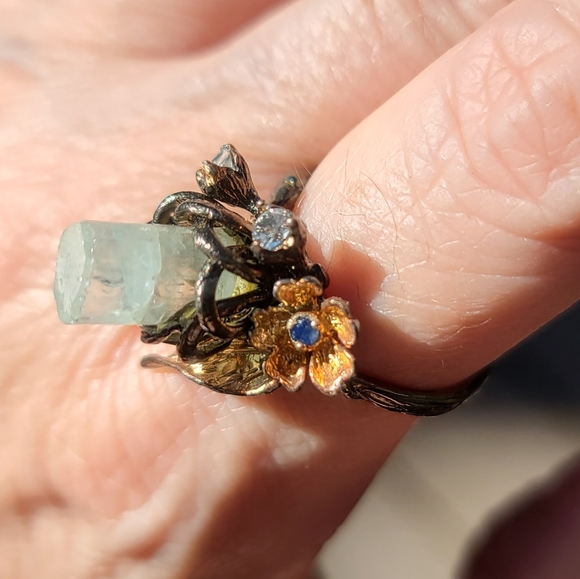 All Natural Aquamarine pillar Gemstone .925 Silver w/sapphire & Aquamarine sz8 - Picture 10 of 14